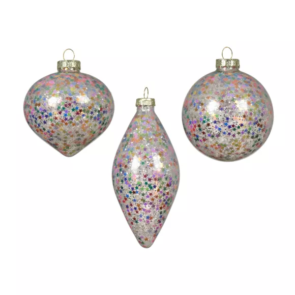 Lot de 12 suspensions en verre (D80 mm) Paillettes étoilées Multicolores