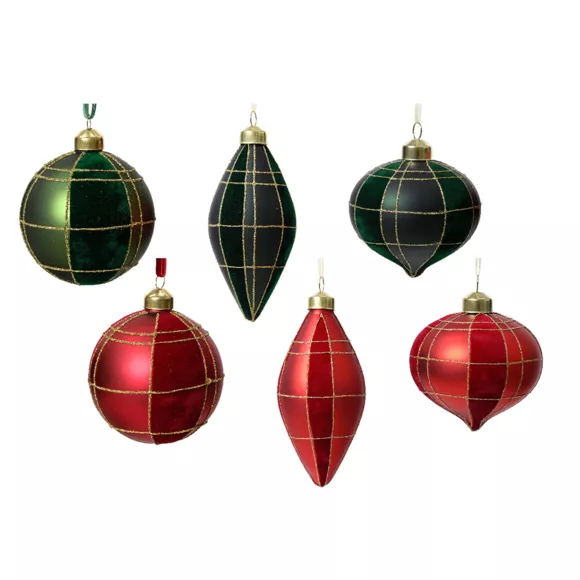 Lote de 12 adornos navideños de vidrio (D80 mm) Terciopelo Rojo y verde