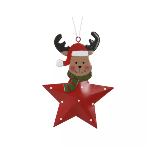 Reno de Navidad para colgar en metal (H12 cm) Estrella y puntos Rojo