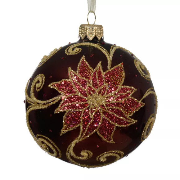 Lot de 6 boules de Noël en verre (D80 mm) Poinsettia Bordeaux