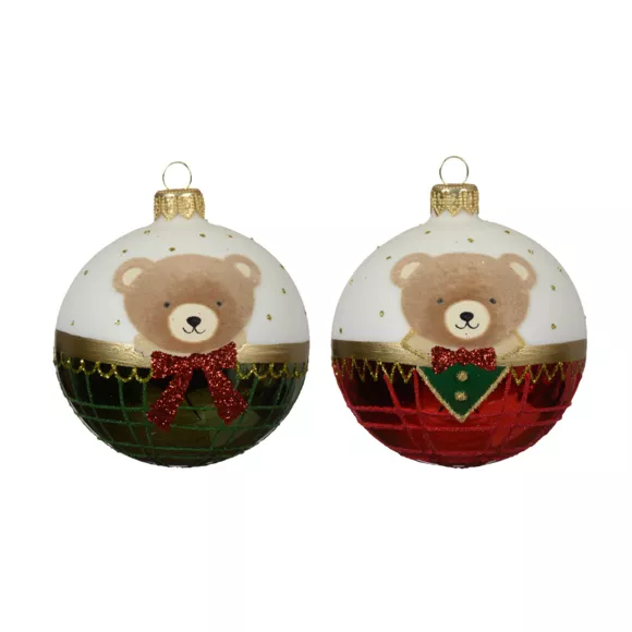 Lot de 6 boules de Noël en verre (D80 mm) Petit Ourson Vert et rouge