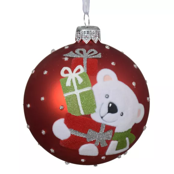 Lote de 6 bolas de Navidad de vidrio (D80 mm) Oso y regalos Rojo