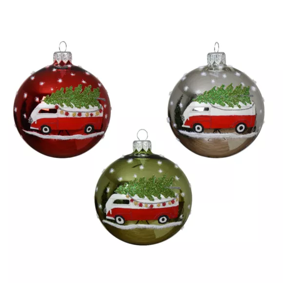 Lote de 6 bolas de Navidad de vidrio (D80 mm) Mini bus y Pinos

