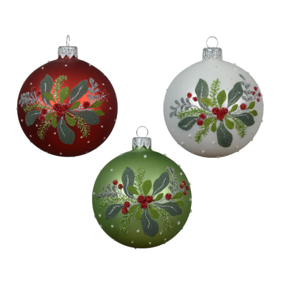 Set van 6 kerstballen van glas (D80 mm) veelkleurige Hulstbladeren