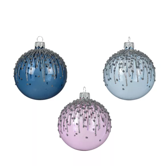 6er Set Weihnachtskugeln aus Glas (D80 mm) Frostig Eisblau und Flieder