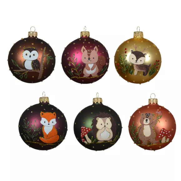 Lote de 6 bolas de Navidad de vidrio (D80 mm) Animales del bosque Multicolor