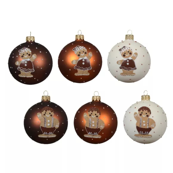 Lote de 6 bolas de Navidad de vidrio (D80 mm) Niño y Niña Pan de especias