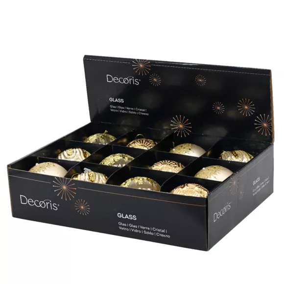 Lot de 12 boules de Noël en verre (D80 mm) Sequins et Paillettes Or