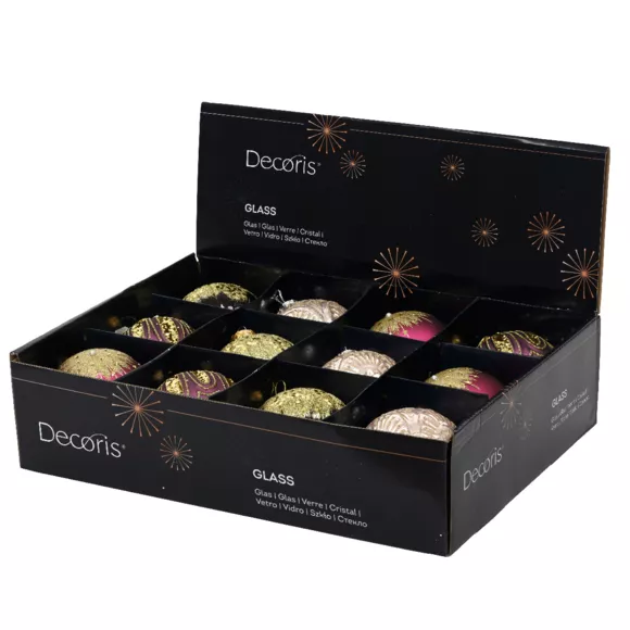 Lot de 12 boules de Noël en verre (D80 mm) Gatsby Mauve pailleté