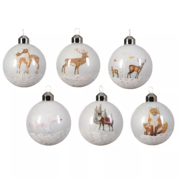 Lot de 12 boules de Noël en verre (D80 mm) Nature enneigée Blanc