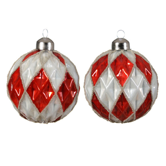 Set van 12 glazen kerstballen (D80 mm) Rood en witte damborden