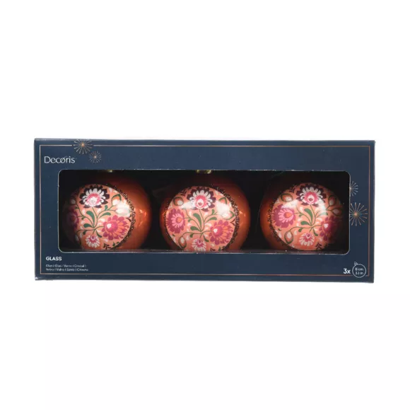 3er Set Weihnachtskugeln aus Glas (D80 mm) Bolchoï Blumig Altrosa