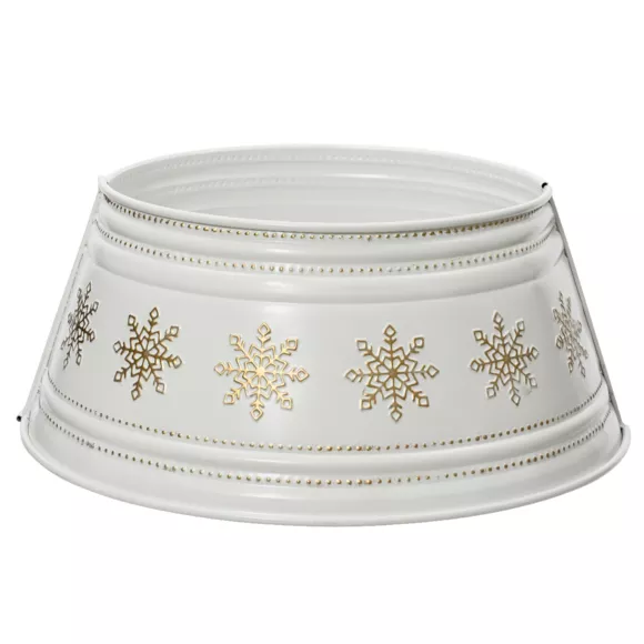 Cache pied de sapin en métal (D57 cm) Blanc et Flocons dorés