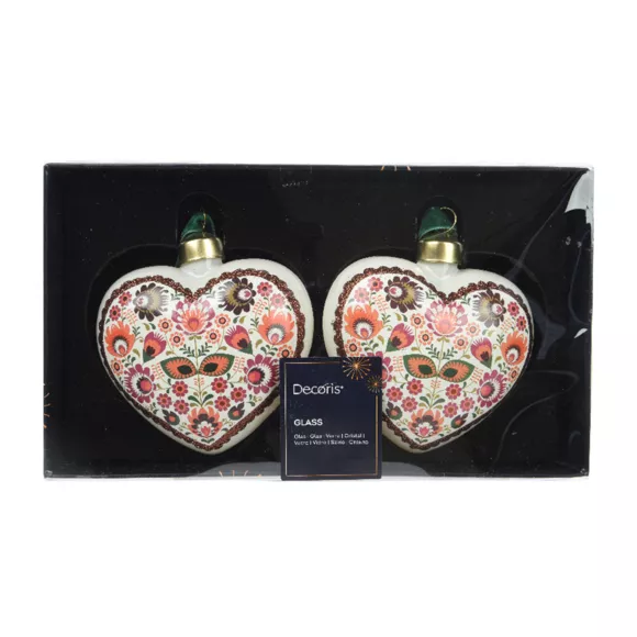Lot de 2 cœurs en verre (H9 cm) Bolchoï Fleuri Blanc et rose