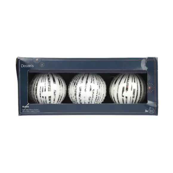 Lote de 3 bolas de Navidad de vidrio (D80 mm) Nieve Blanco y plata
