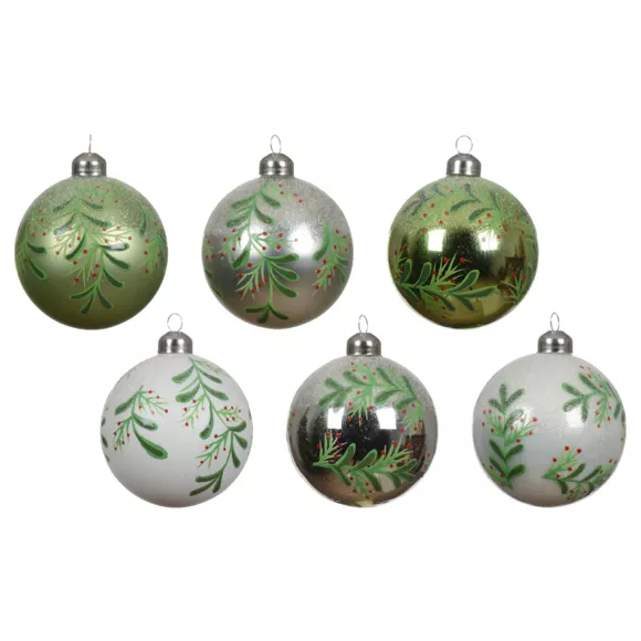 6er Set Weihnachtskugeln aus Glas (D80 mm)  Stechpalmenblätter Grün