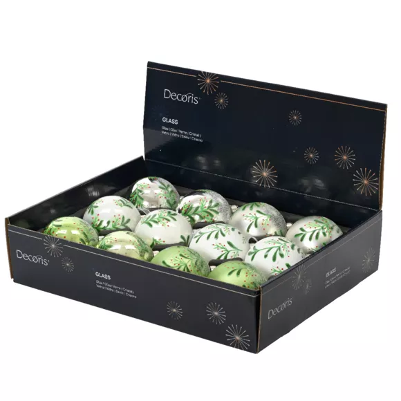 6er Set Weihnachtskugeln aus Glas (D80 mm)  Stechpalmenblätter Grün