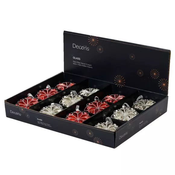 Lot de 12 fleurs de Noël en verre (D80 mm) Pralognan Rouge et argent