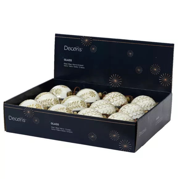 Lote de 12 bolas de Navidad de vidrio (D80 mm) Adornos Blanco lana y oro