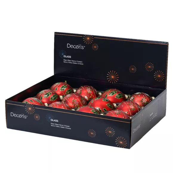 Lot de 12 boules de Noël en verre (D80 mm) Holly Rouge