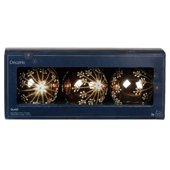 3er Set Weihnachtskugeln aus Glas (D80 mm) Feuerwerk Pekannuss