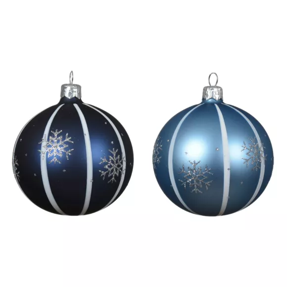 Lot de 6 boules de Noël en verre (D80 mm) Flocons de Nuit Bleu