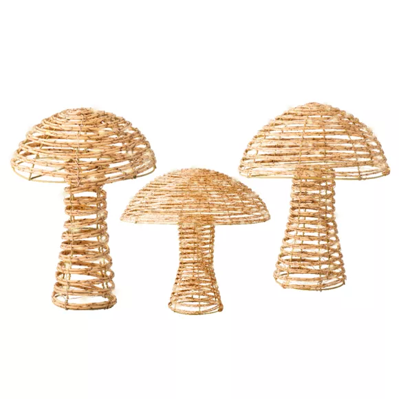 Lot de 3 champignons lumineux 270 Micro LED (H45 cm) Résine tressée Naturel/Blanc chaud