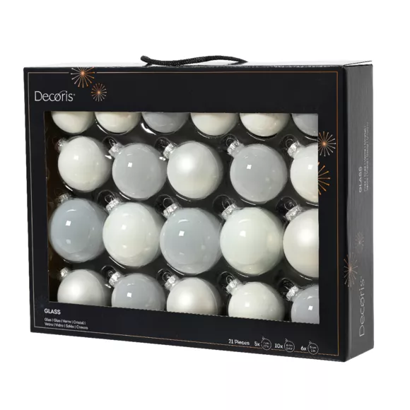 Set van 21 glazen kerstballen Assortiment Winter Wit Kristal