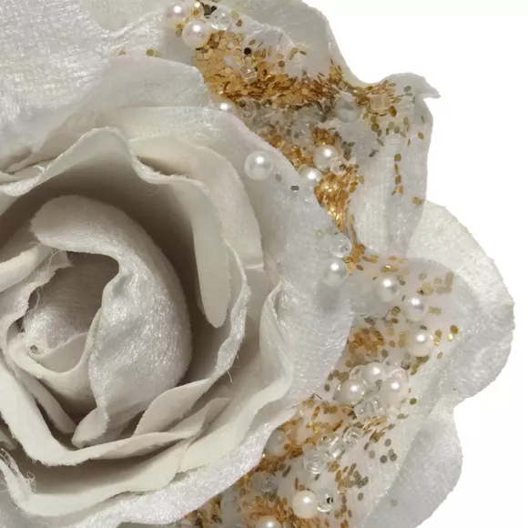 Kerstbloem Roos met glitters en parels Wit