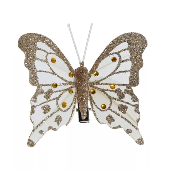 Lote de 4 Mariposas en pinza (H8 cm) Destellos y perlas Doradas