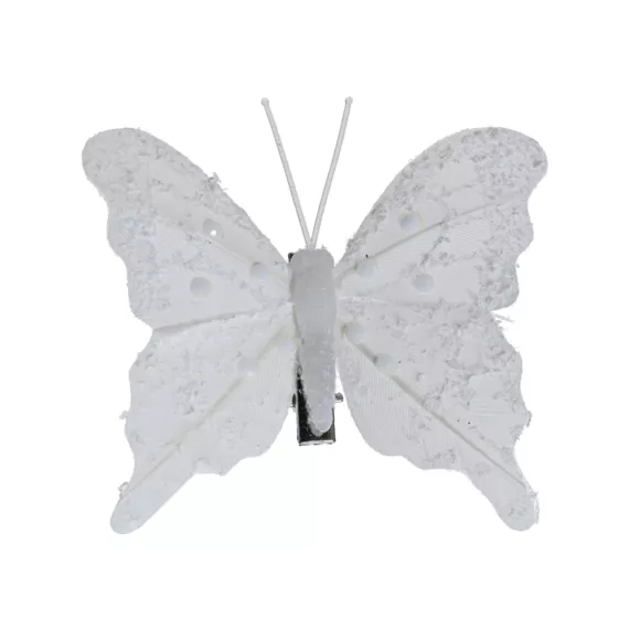 Lote de 4 Mariposas en pinza (H8 cm) Destellos y perlas Blanco de invierno
