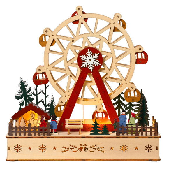 Village de Noël en bois lumineux et musical à piles (28 x H28 cm) Grande roue Colorée