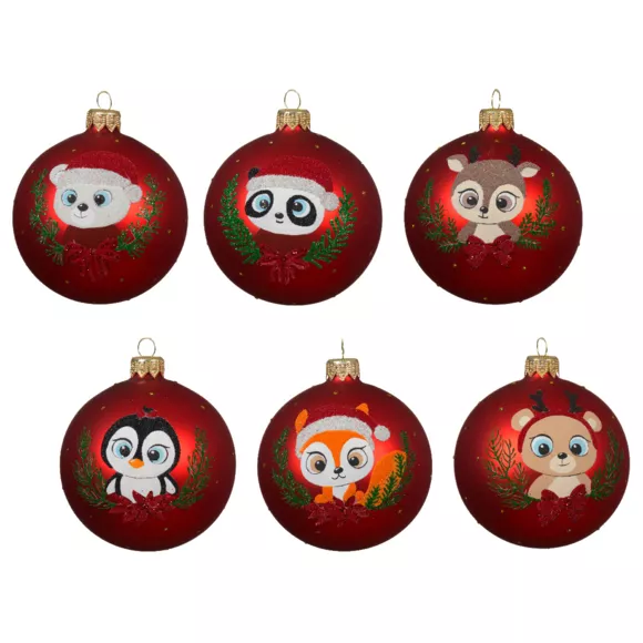 Lote de 6 bolas de Navidad de vidrio (D80 mm) Animales Ojos de cierva