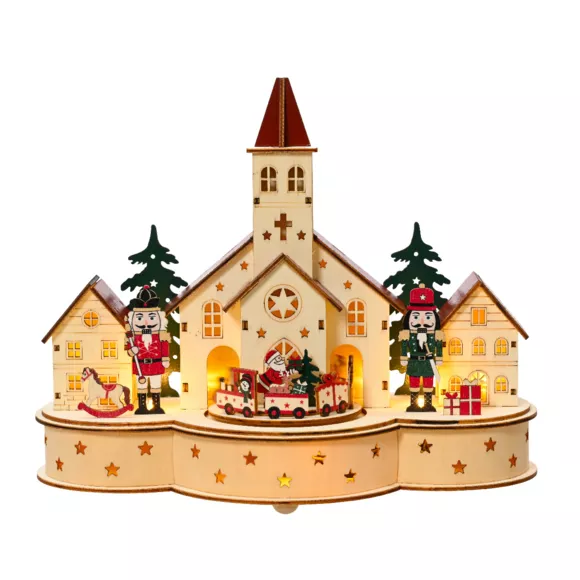 Village de Noël en bois lumineux et musical à piles (30 x H24 cm) Église et casse-noisette