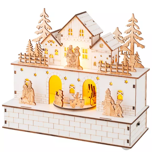 Village de Noël en bois lumineux et musical à piles (21 x H24 cm) Villageois en fête