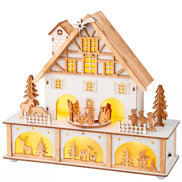 Village de Noël en bois lumineux et musical à piles (27 x H24 cm) Chalet Suisse Blanc