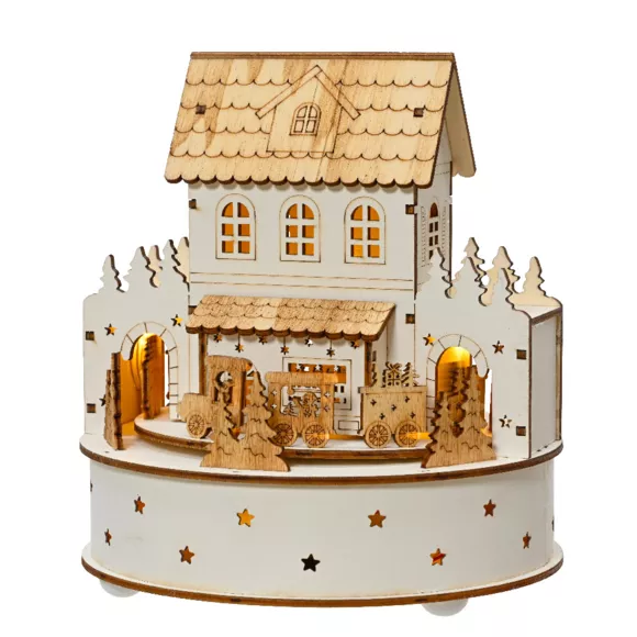 Verlicht en muzikaal houten kerstdorp op batterijen (H19 cm) Familiehuis