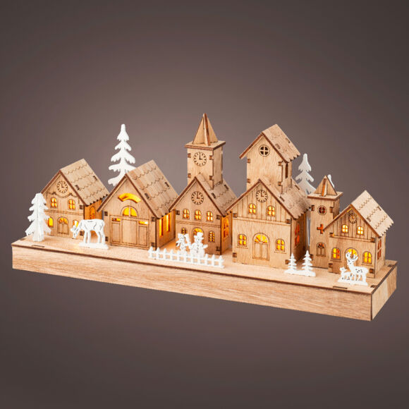 Scène de vie lumineuse à piles en bois (30 x H13 cm) Hameau féerique