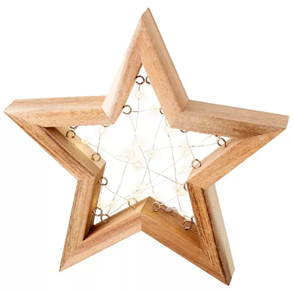 Étoile lumineuse à piles 23 LED (H24 cm) Astre en bois Blanc chaud