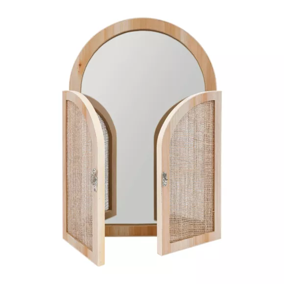 Espejo de pared de madera (H45 cm) Puerta batiente Natural