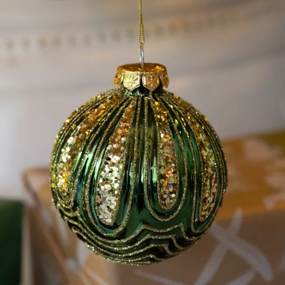 Lot de 12 boules de Noël en verre (D80 mm) Sequins et Paillettes Vert sapin