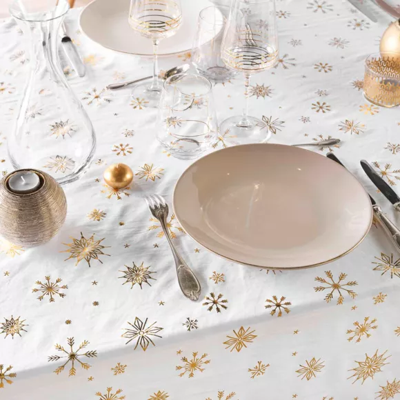 Nappe de Noël rectangulaire anti tache (140 x 240 cm) Astrelia Blanc et doré