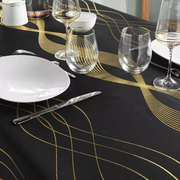 Rechteckige Tischdecke fleckenabweisend (140 x 240 cm) Mikado Schwarz und Gold