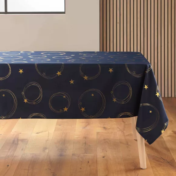 Kerst tafelkleed rechthoekig vlekbestendig (150 x 240 cm) Ster Marineblauw en goud