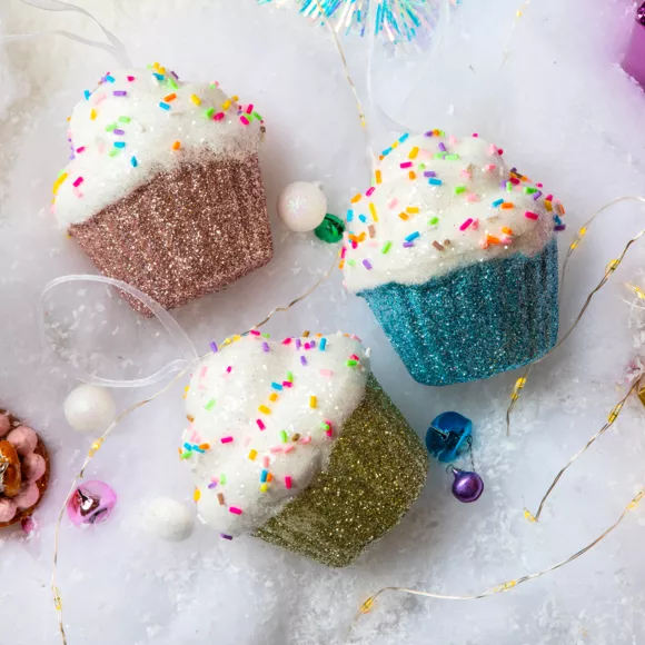 Kerst cupcake om op te hangen (H7 cm) Glittergroene lekkernij
