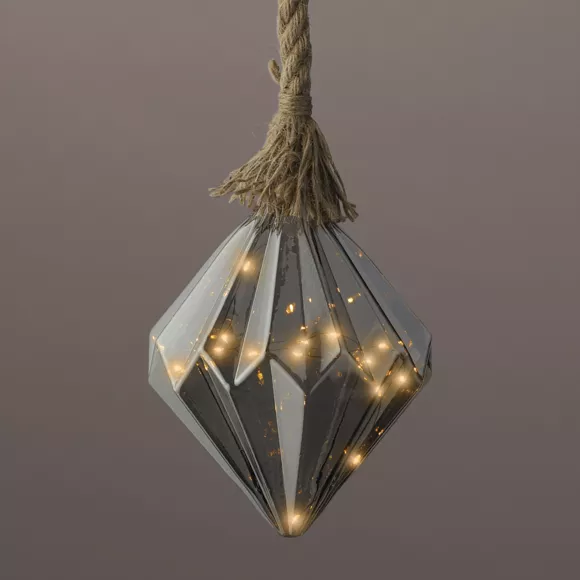 Suspension lumineuse en verre à piles 15 LED (H20 cm) Diamant Gris/blanc chaud