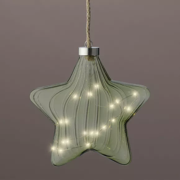 Lichtgevende ster op batterijen van glas met 15 LED's (D20 cm) Vintage Thee groen/warm wit