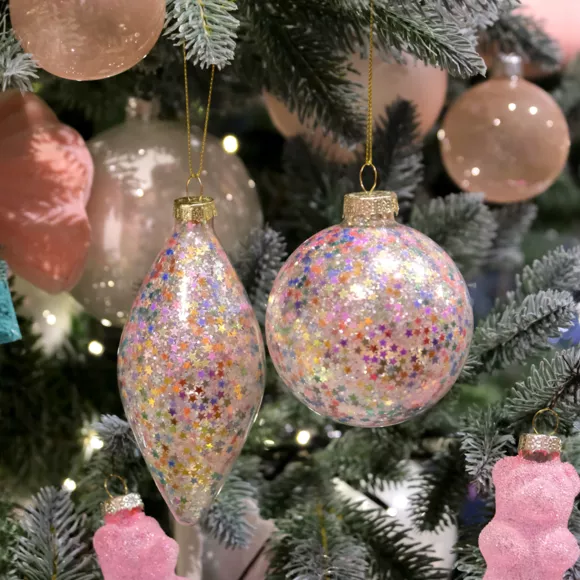 Lot de 12 suspensions en verre (D80 mm) Paillettes étoilées Multicolores