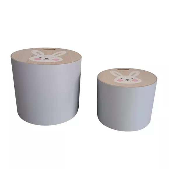 Lote de 2 Pufs de almacenamiento apilables infantil madera (H31 et 24 cm) Conejo Gris