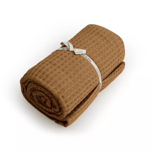 Couvre-lit coton nid d'abeille (220 x 250 cm) Maya Camel